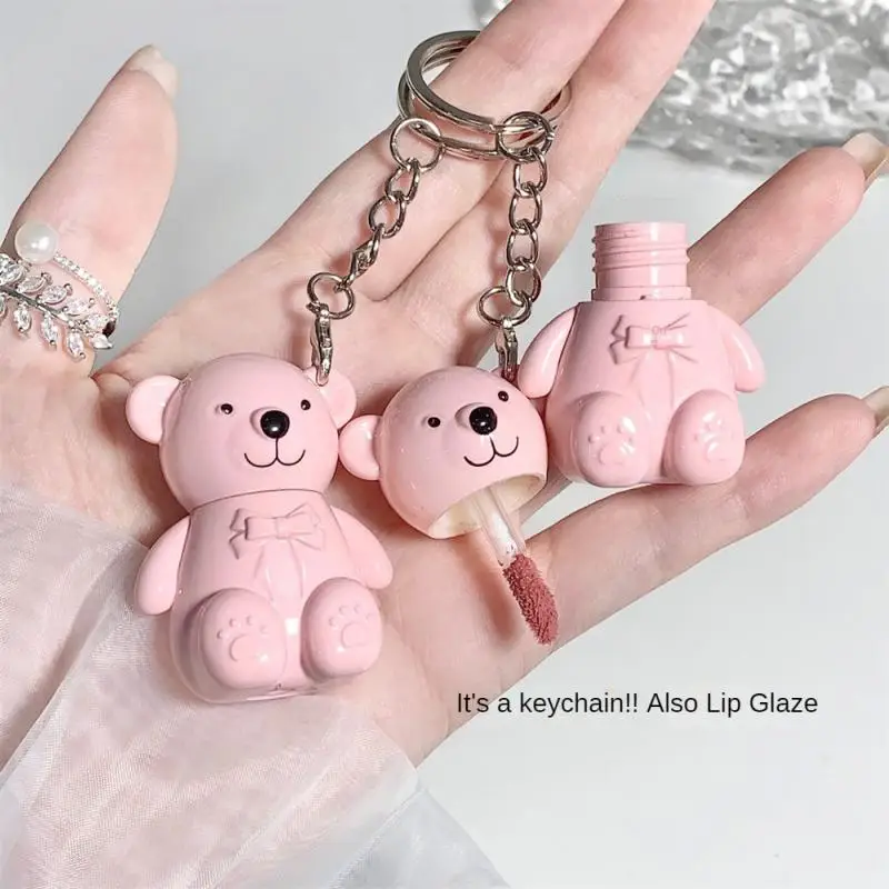 1/3/4pcs 4Color Cute Bear Matte Lip Velvet Grey Pink Keychain Lipstick Waterproof Lasting Lip Glaze Cosmetics Portable Lip Gloss