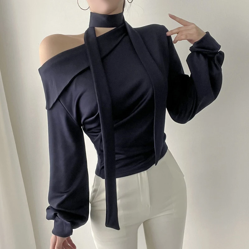 Neploe Korean Elegant Temperament Satin Shirt Femme 2024 Early Autumn Simple Solid Color Long Sleeve Hanging Neck Slim Blouses