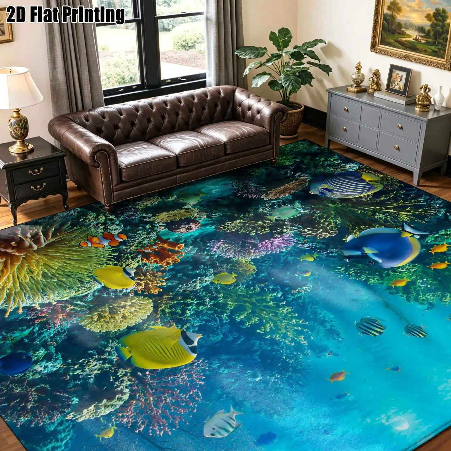 1Pc 2D Printed Colorful Marine Life Pattern Carpets: Nordic, Instagram-Style, Modern Minimalist, European & Vintage Home Decor Rugs, Multi-Size, Machine Washable, Suitable for Entrance/Dining/Foyer/Bedroom/Living Room