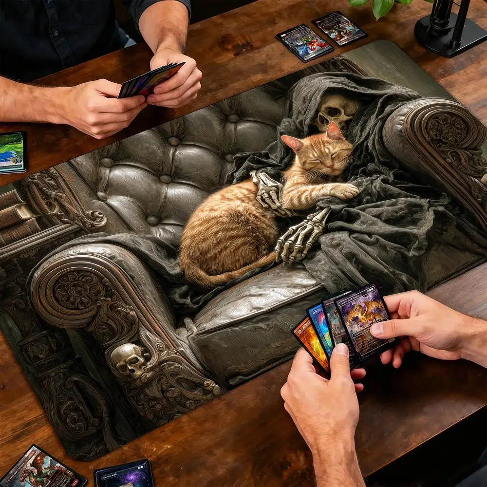 Skull and Orange Cat TCG Playmat Magic Card Battle Mat Non-Slip Durable 35X60CM Commander playmat Board Game Mat for TCG