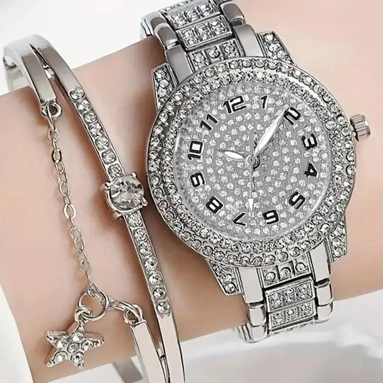 Set of 2 Silver Luxury Rhinestone Watch Women\'s Crystal Quartz Bracelet Watch Wristwatch Women\'s Formal Watch Clock Relogio