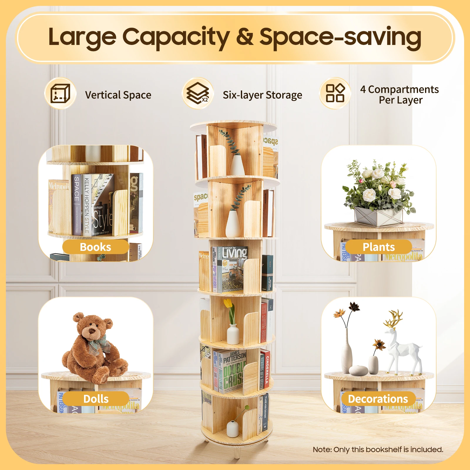 Rotating Bookshelf 360 Display Floor Standing Bookcase Storage Rack for Kids&Adults Multi-Functional Bookshelf Organizer