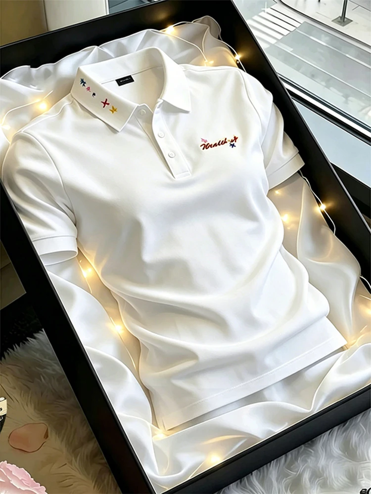 Lightweight Short Sleeve  Shirt Men's Summer Breathable Embroidered T-Shirt Shoulder Width Appropriate Half Sleeve Design