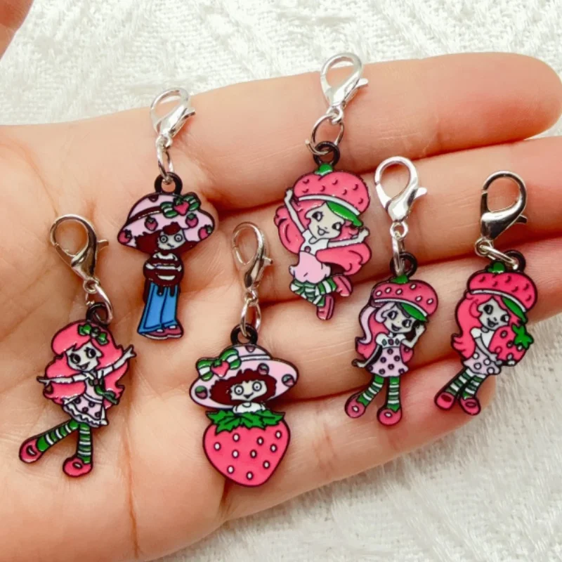 6 Stück Schlüsselanhänger aus Legierung mit Tropföl-Effekt und Erdbeer-Mädchen-Motiv, geeignet als Taschenanhänger, die beste Wahl für Geschenke.