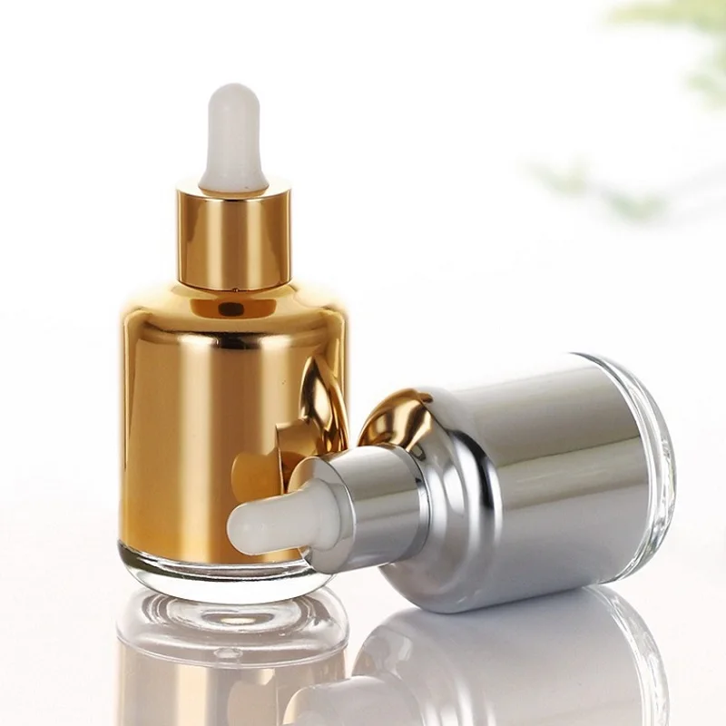 Flacon compte-gouttes en verre de 30 ml, or et argent, pour essence liquide, conteneur cosmétique, pipette pour huile essentielle, flacon rechargeable
