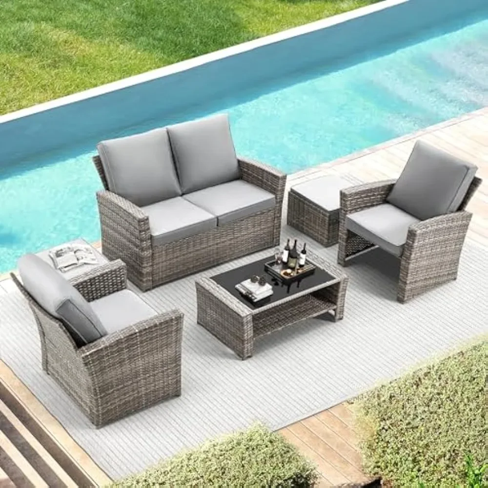 6 Piece Patio Furniture Set, Outdoor Sectional Conversation Rattan Sofa Set with Ottoman and Outdoor Storage Table