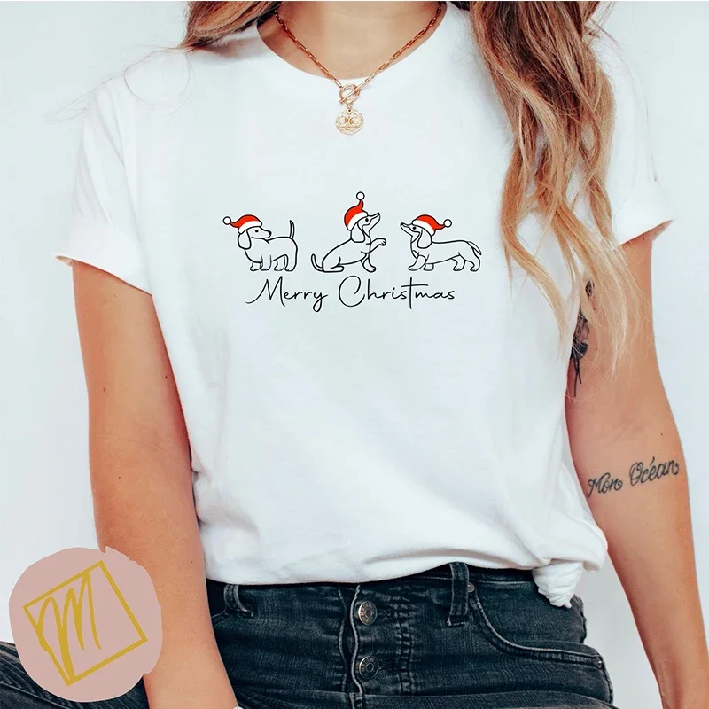 

2024 Merry Christmas Funny Dog Lover T Shirts for Women Mom Life Graphic T-shirt Female Fashion Festvial O Neck Clothes