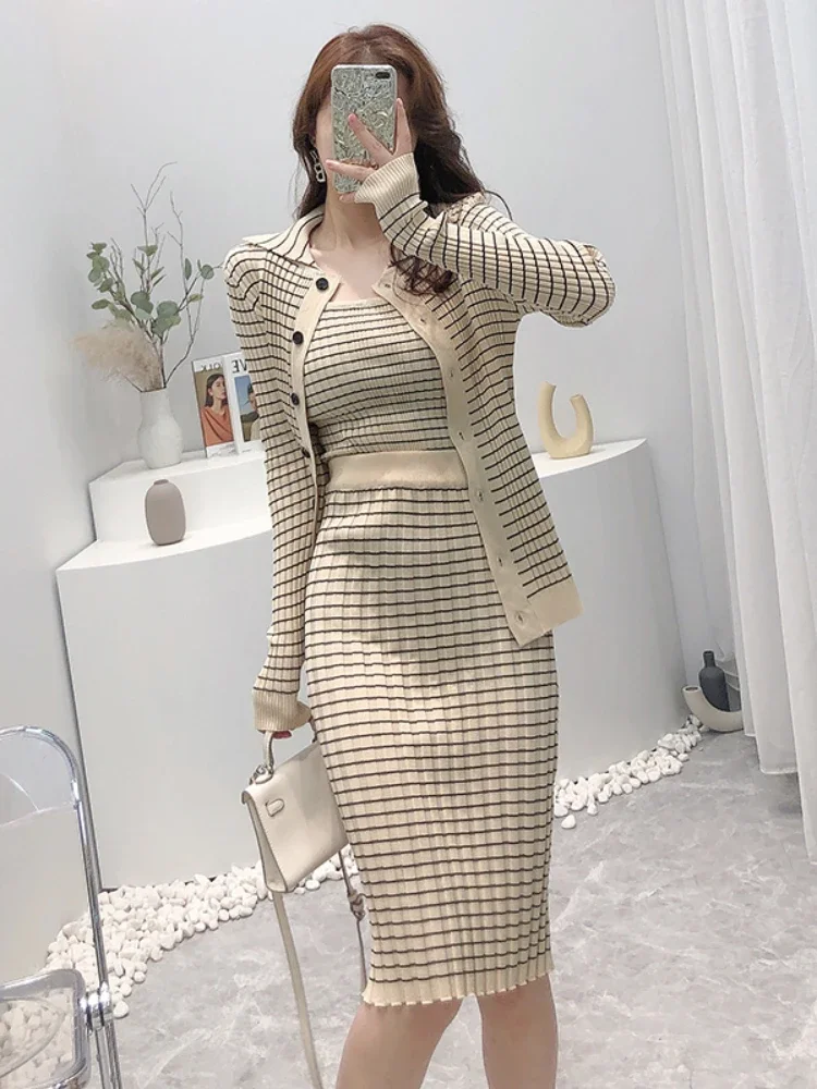 Korejepo Women 3 Piece Set Autumn New Korean Style Temperament Fashion Suit Plaid Knitted Cardigan Bottoming Camisole Skirt