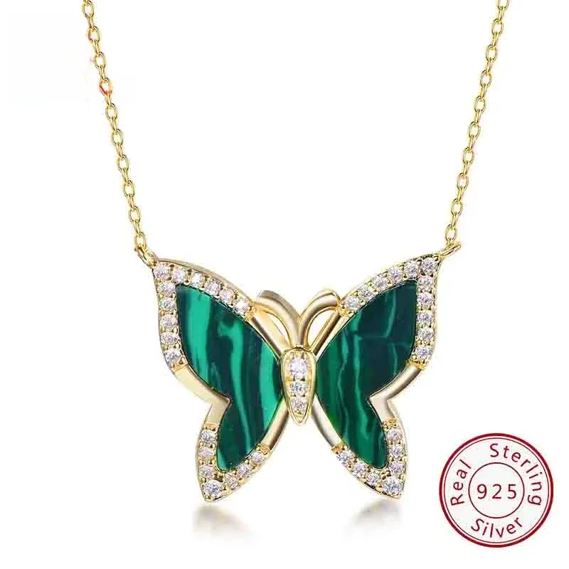 

KOSE JEWELS Elegant 925 Sterling Silver Butterfly Malachite Stone Pendant Necklace for Women Elegant 4A Zircon Necklace Jewelry