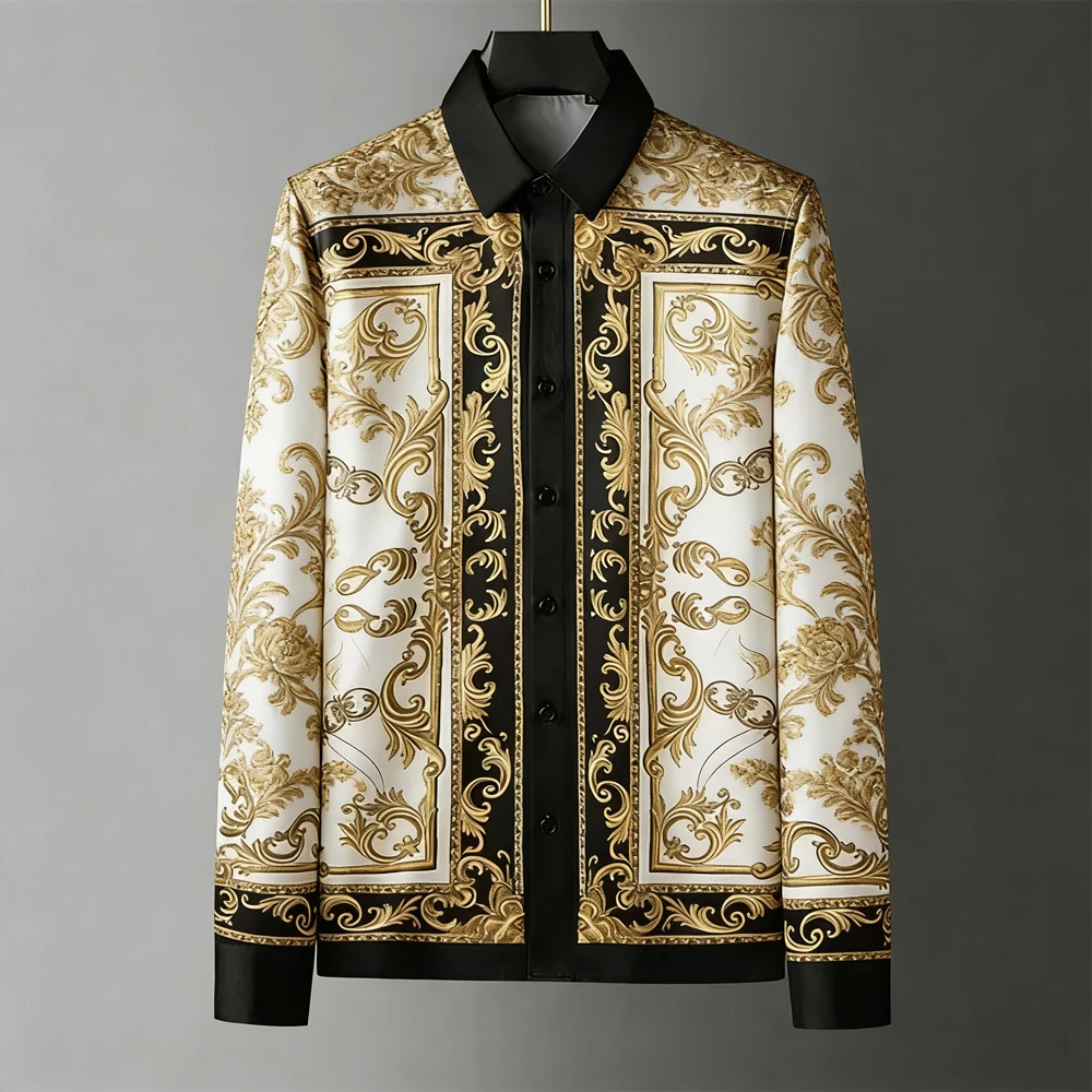 Men's Summer New Breathable Soft Long-Sleeved Shirt Gold Pattern Natural 3D Printed Shirt Men's Formal Casual Business Men's Top