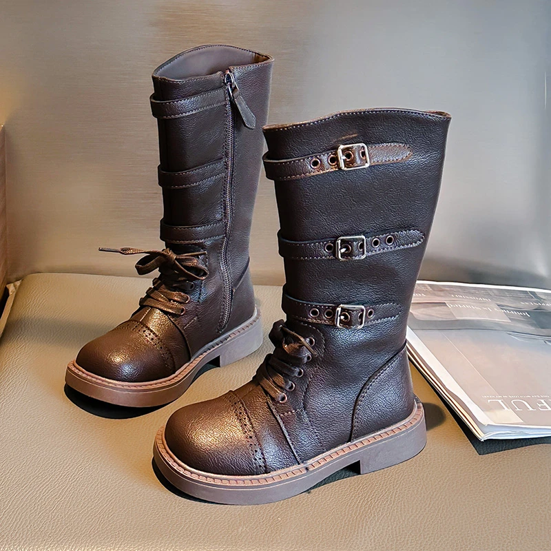 2024 Brand Design Children Brown Vintage  Motorcycles Girl Boots Shoes Winter Black Belt Straps Wasteland Style Knee High Boots