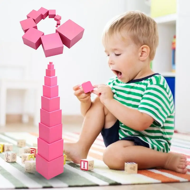 Pink Tower Wooden Pink Tower Stacking Blocks Stacking Tubes Montessori Sensory Attention Training Teaching Tool Intellectual