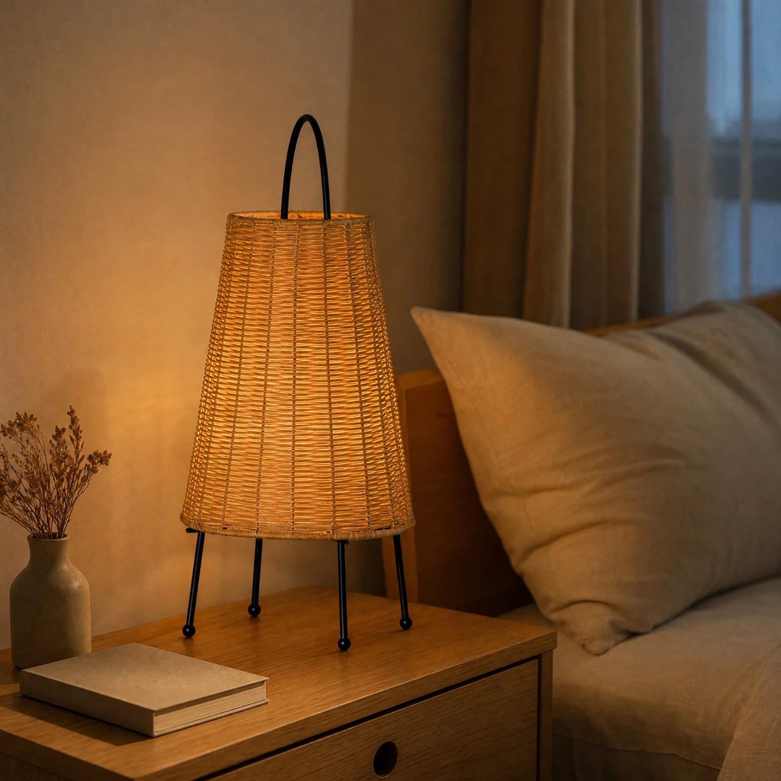 Rattan Table Lamp with Three-Leg Base Lightweight Nordic-Style Woven Lamp Ambient Night Light Compact Long-Lasting