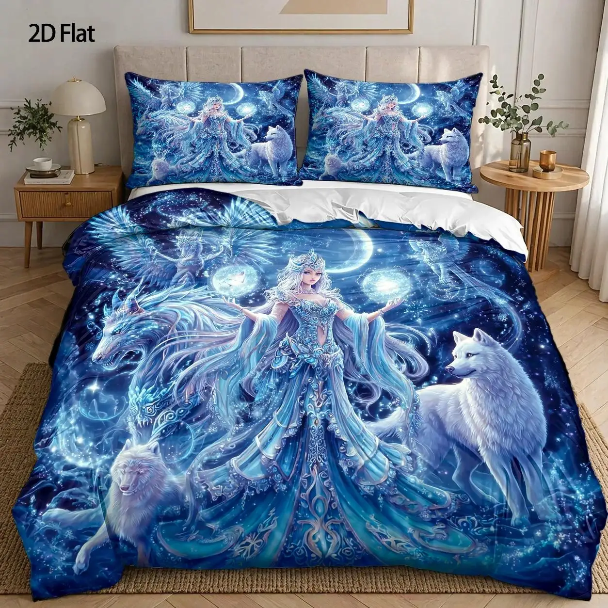 3-Piece Quilt Cover Set, 1 Quilt Cover + 2 Pillowcases (Without Filling), Ice Queen Theme, Magical Style, Christmas, Warm, Machine Washable, Suitable for All Seasons, Can Be Used in Home, Dormitory, Master Bedroom, Guest Room