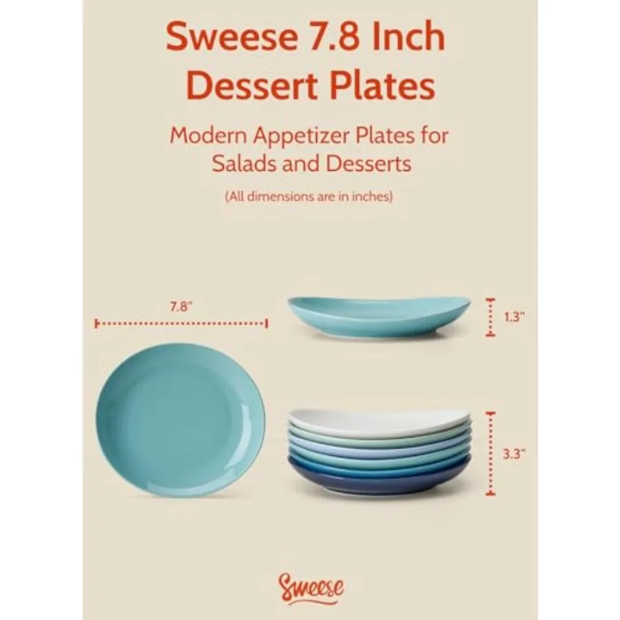 Porcelain Dessert Plates - Salad Plates, Small Appetizer Plates Set of 6 - Dishwasher, Microwave, Oven Safe - Color