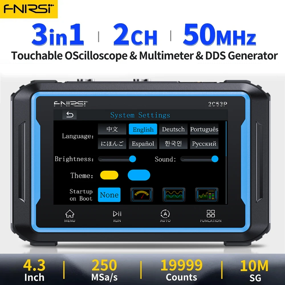 FNIRSI 2C53P 3 in 1 Digital Oscilloscope Multimeter Signal Generator Touch Screen Dual Channel 50MHZ 250Ms/S 19999 Counts