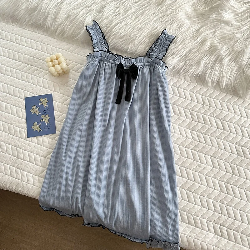 

Pure Cotton Summer Spwear Women's Strap Nightgown with Chest Pad Blue Princ Dr Casual Home Sweet Sle Midi Dr