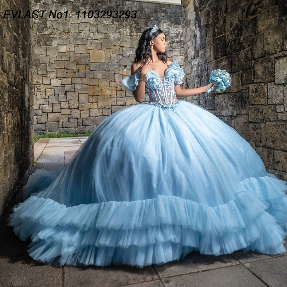 

EVLAST Customized Shiny Blue Ball Gown Quinceanera Dress Floral Applique Beading Tiered Sweet 16 Vestidos De 15 Anos E1QN337