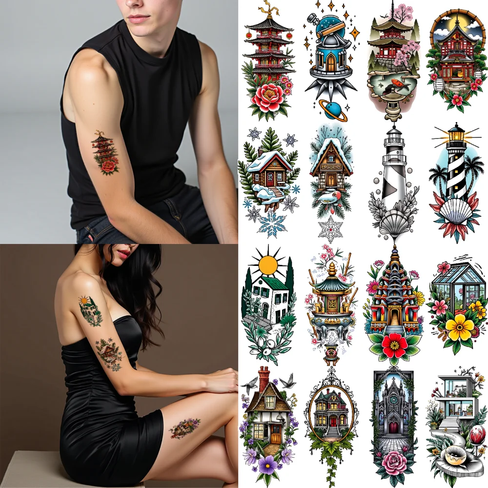 

9pcs Temporary Tattoo Pagoda Waterproof Long-lasting Body Stickers Gothic Cathedral Snowy Cabin Temporary Tattoo Stickers For