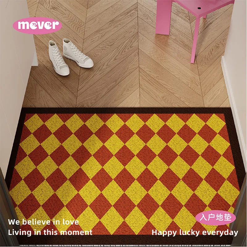 Vintage Green Rhombus Plaid PVC Silk Loop Doormat Anti Slip Dirt Trapper Easy Clean Entry Floor Mat for Front Door Home Decor