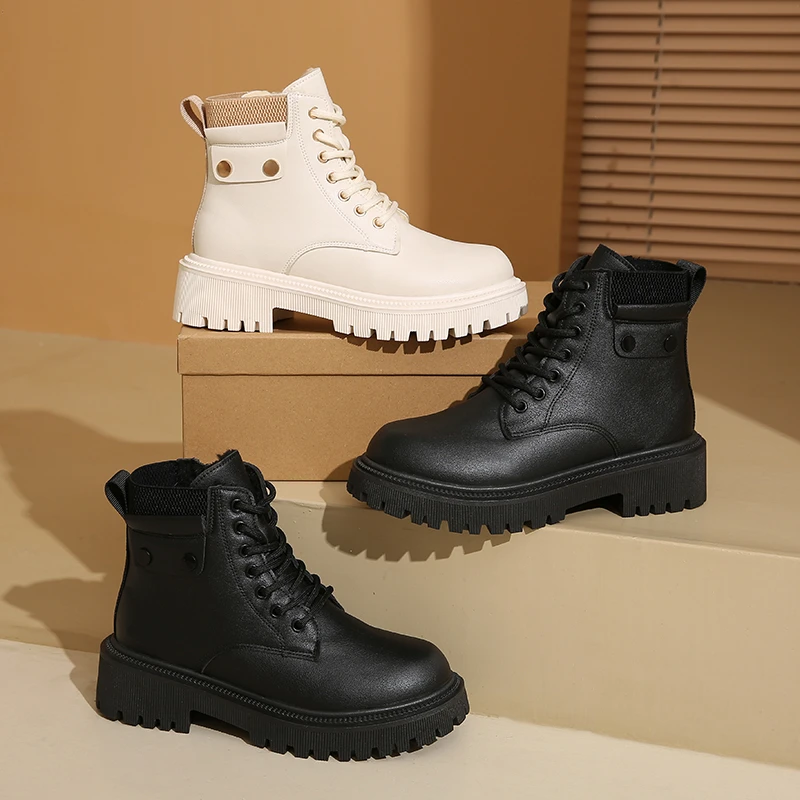 2025 Winter Warm Thicken Plush Ankle Boots Women Fashion Lace Up Platform Combat Boots  Comfort Zipper Pu Leather Short Booties