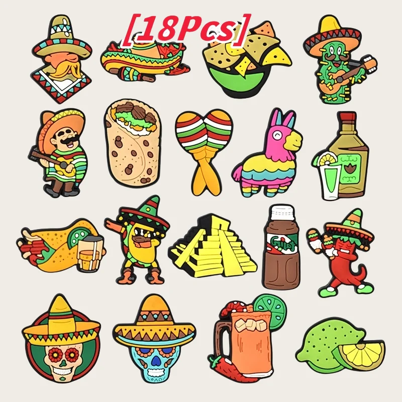 

18Pcs Shoe Charms Fit Wristbands Mexico Cactus Wine Chili Lemon Tacos Hat Buckle Ornaments For Clogs Pins Kid Holiday Gift