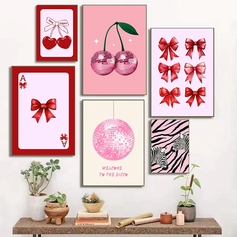Watercolor Pink Bows Canvas Painting Wall Art Cherry Disco Ball Zebra Poster Print Picture Preppy Girl Room Home Decor Cuadros