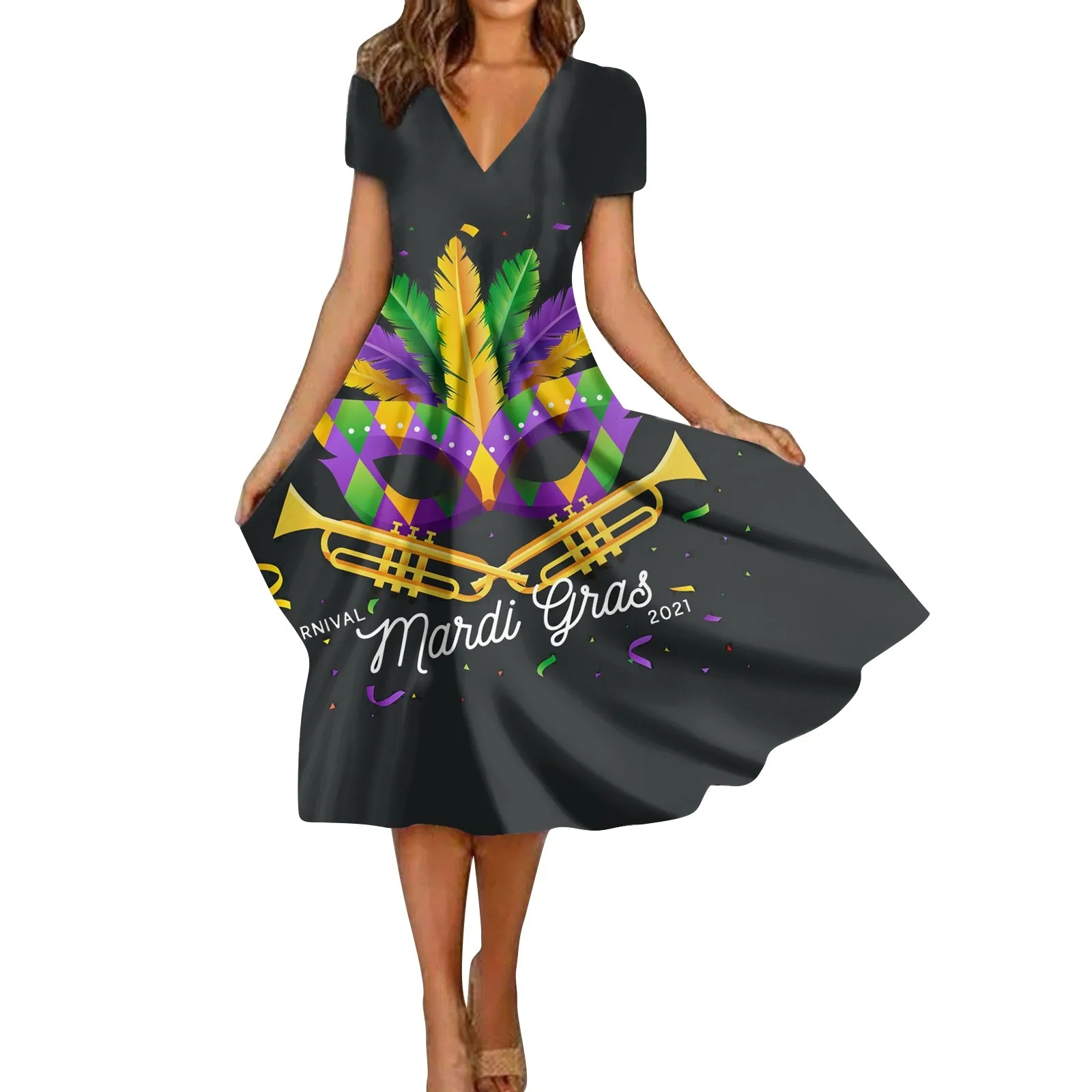 فساتين رسمية بطول الكاحل للنساء ، رقبة حرف V ، أكمام طويلة ، كرنفال مطبوع ، فساتين رسمية للفتيات