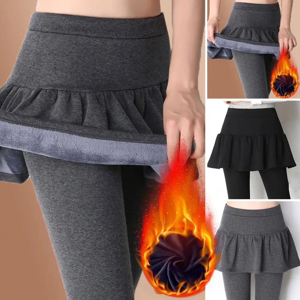 Celana legging wanita, celana musim dingin wanita palsu dua potong tebal mewah pinggang tinggi Slim Fit rok lipit termal paha