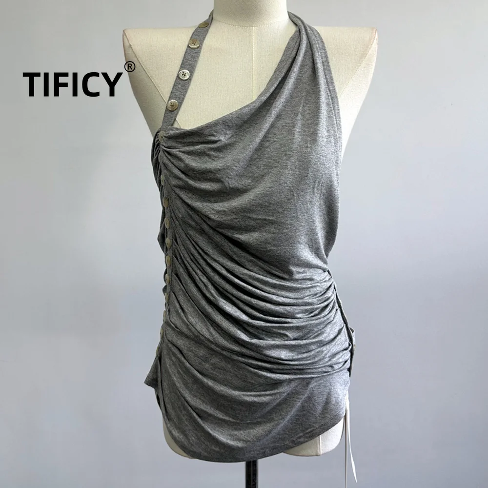 High Street Hanging Collar Halter Top Backless Tanks Women's Modal Swinging Collar Pleated Buttons Asymmetrical Tanks Tops