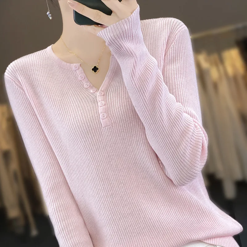 2024 New Spring and Autumn V-Neck Color matching Cashmere Sweater Women Long Sleeve Pullover Solid Color Base