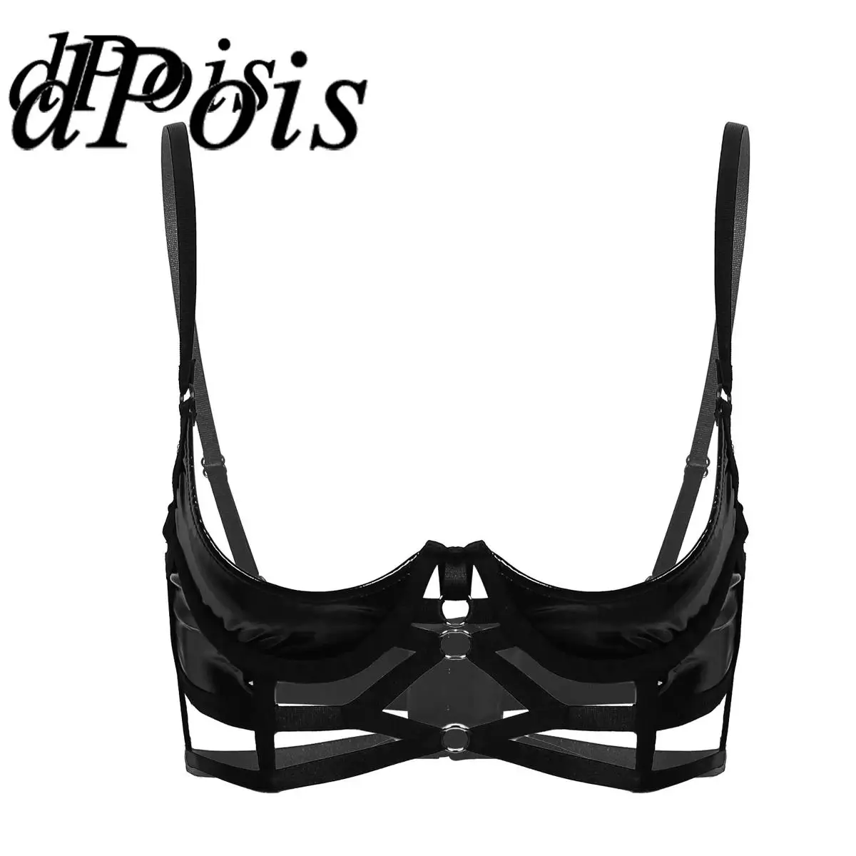 

Womens Leather Bra Lingerie Wet Look Patent Spaghetti Straps Sexy Open Quarter Cup Strappy Underwired Bra Tops Braltte Underwear