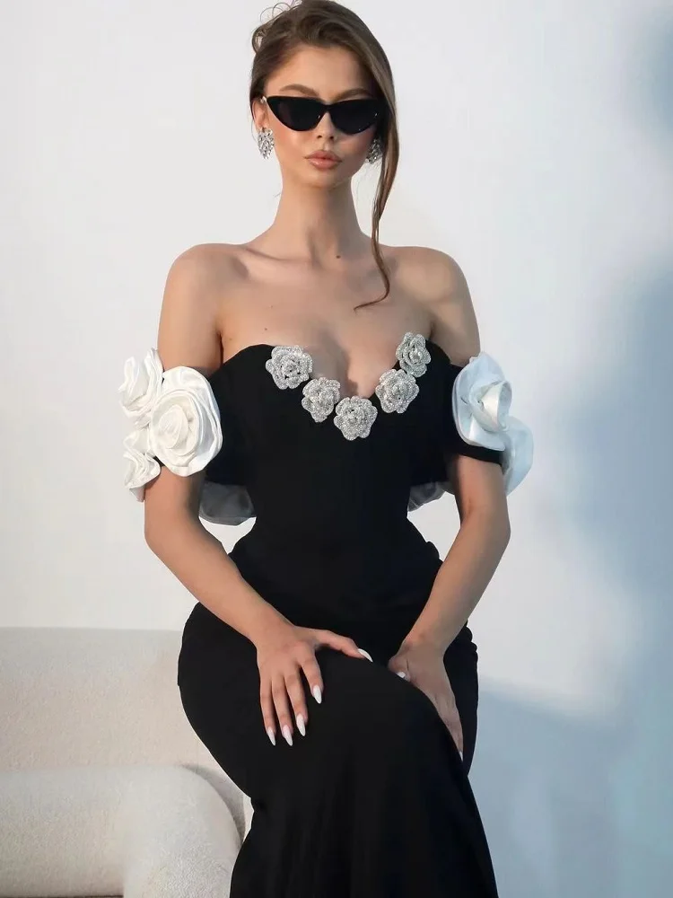 

Long Sexy Off-shoulder Three-dimensional Flower Decoration Beaded Fishtail Dress Party Banquet Dress Ladies Summer New 2024