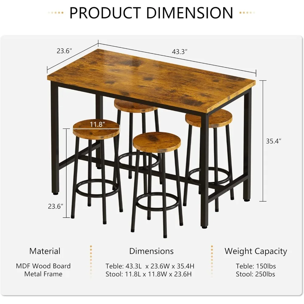 Industrial Counter Height Bar Table Set with 4 Chairs | 5-Piece Pub Dining Table Set for Home & Kitchen