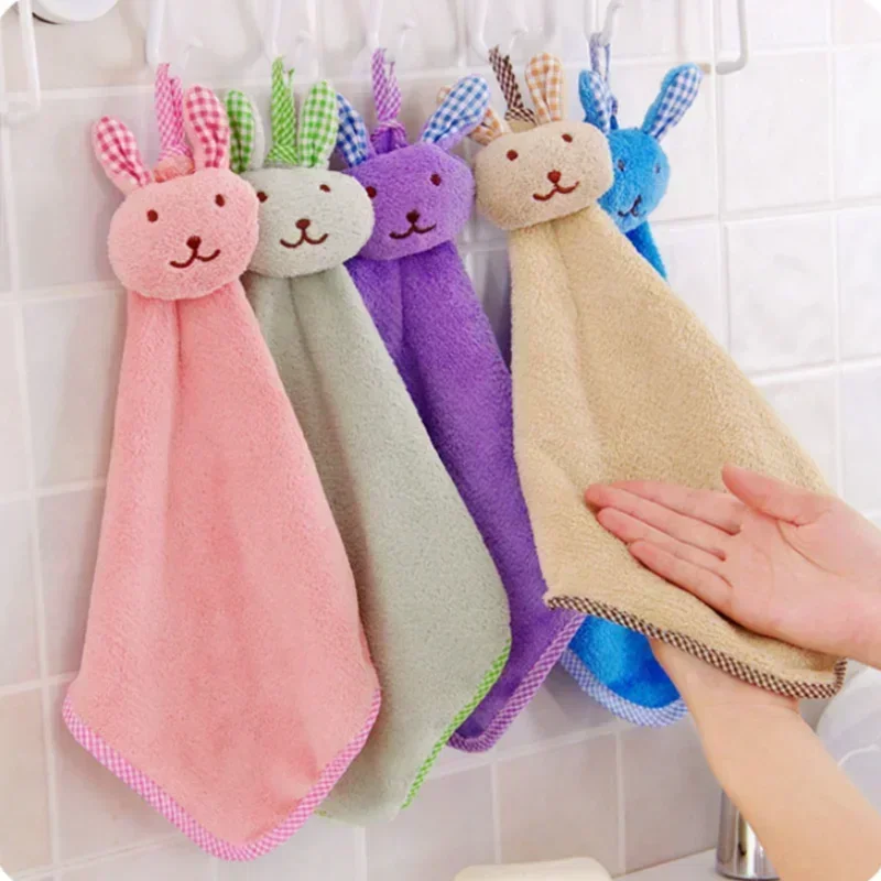 Cartoon Cute Bunny Hand Towel Coral Fleece Absorbent Hand Towel Kitchen Hangable Rabbit Head Cleaning Towel Rag  Baby Stuff