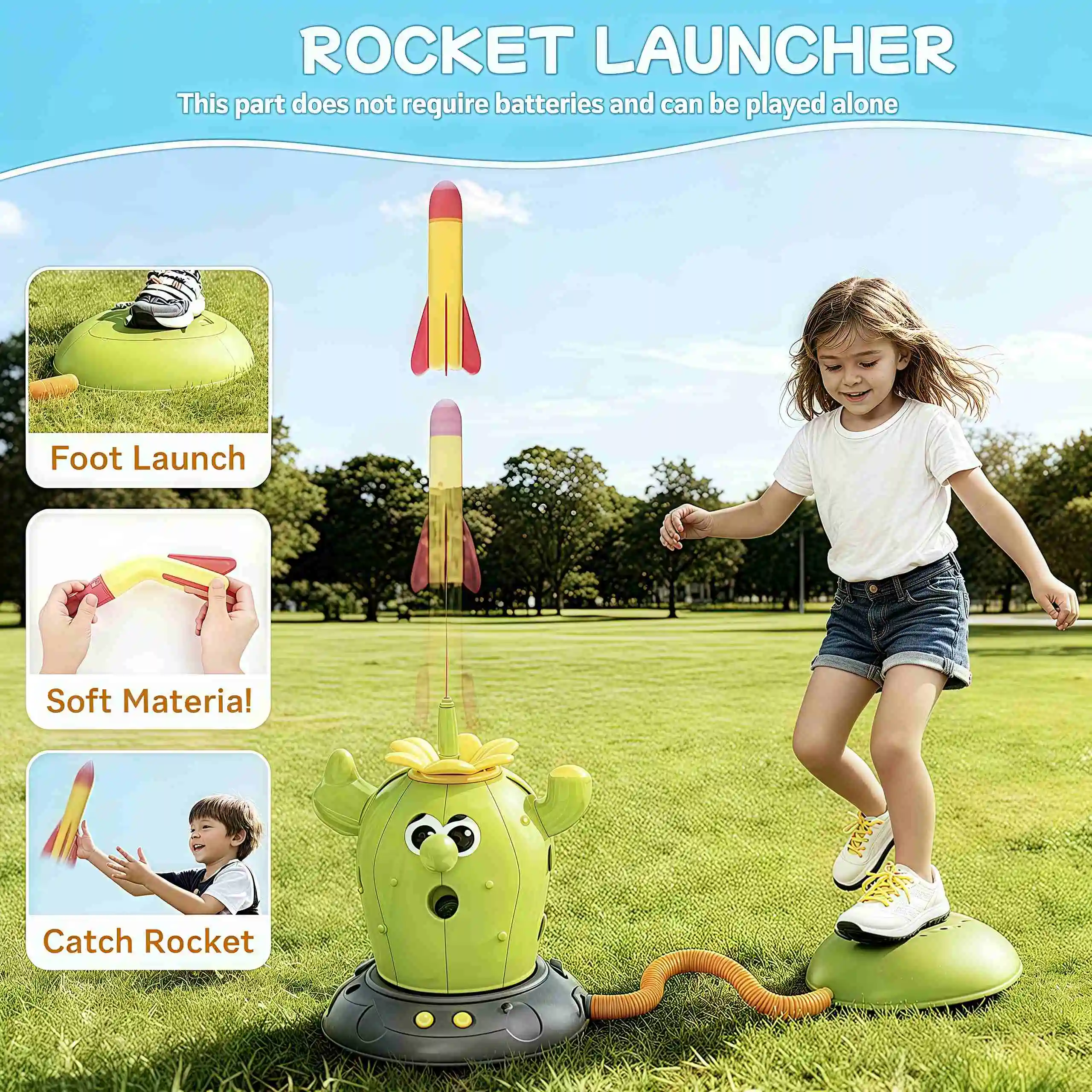 ของเล่นกีฬา 4-in-1 รูปทรงกระบองเพชร (3+): เบสบอล, กระโดด, ขว้าง, ยิง – จรวด 2 ลูก, ลูกบอล 3 ลูก, รีโมท