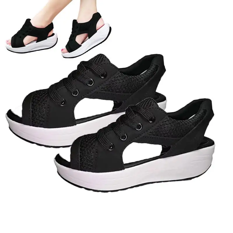 

Platform Sandals Women Comfortable Wedges Sandals For Women Breathable Contrast Paneled Cutout Lace-Up Muffin Sandals For Women