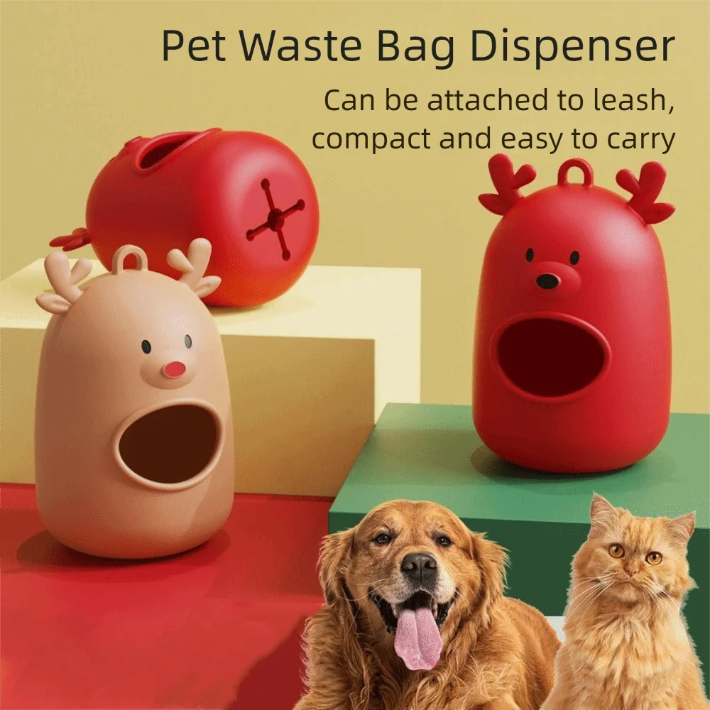

Silicone Dog Waste Bag Dispenser Cartoon Hangingable Puppy Poop Bag Carrier Christmas Reindeer Garbage Bag Storage Box Outdoor