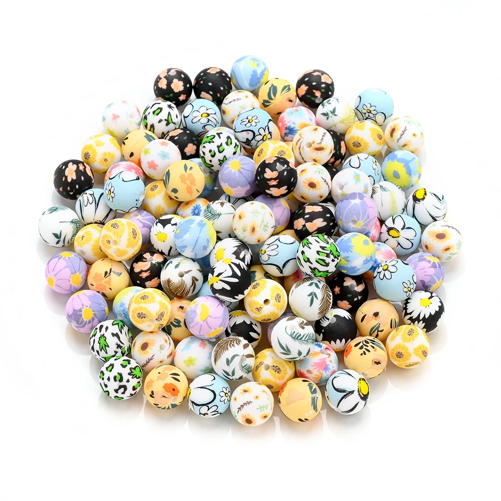 10Pcs Flower Printed Silicone Beads 15mm Floral Round Silicone Beads For Pacifier Chain Holder Clips Jewelry Making DIY
