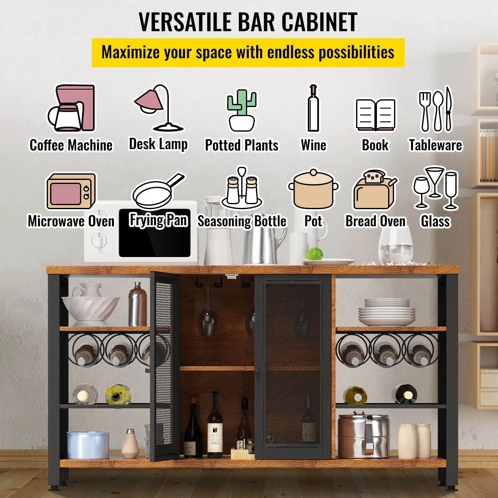 Industrial Bar Cabinet, 55 Inch Rustic Oak, 330 LBS Wine Table for Liquor with Wine Racks (24 Bottles), Glass Holders and Metal