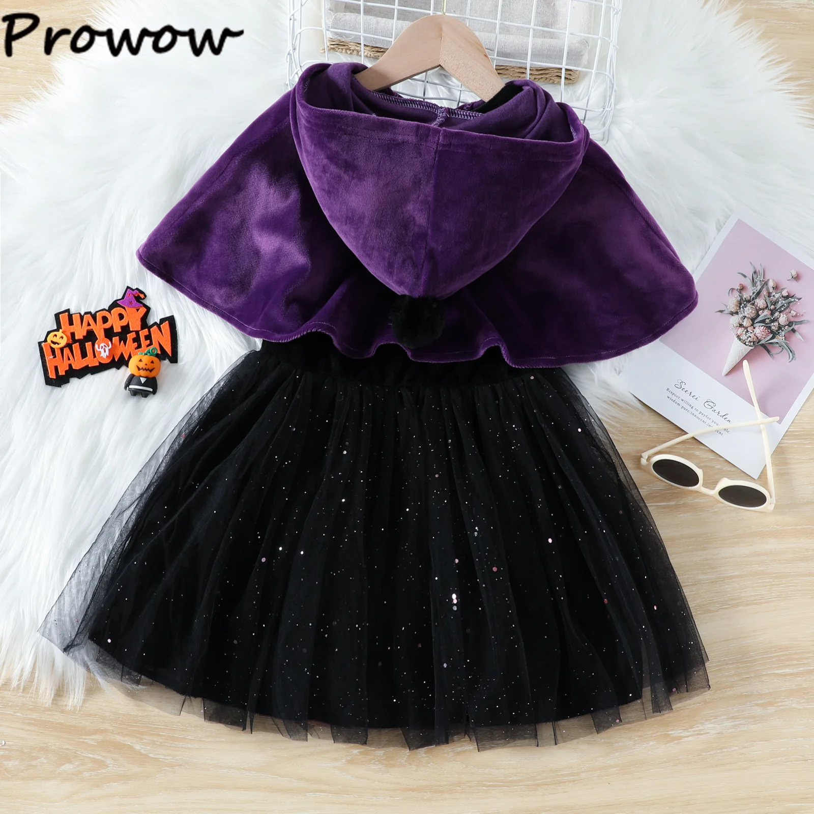 Girl\'s Halloween Dresses 2024 Hooded Cloak and Purple Velvet Mesh Dress For Kids Toddler Halloween Costume Festival Clothing