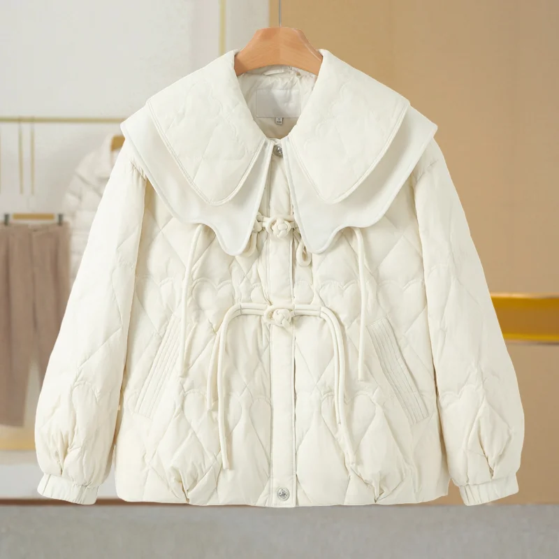 

Sweet Double Layer Collar Heart Press Flower down Jacket New Winter Women's Fashion 2025 Warm Long Sleeve White Duck down Coat