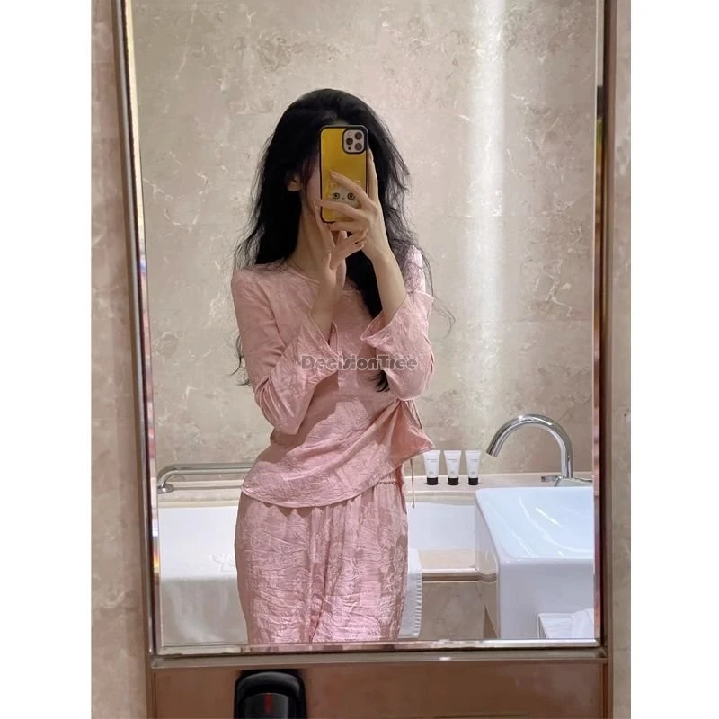 2025 spring autumn vintage chinese style pink jacquard hanfu home wear chinese suit round neck with skirt pajamas two-piece set