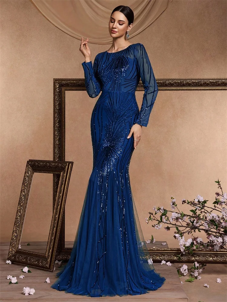 فساتين سهرة أنيقة بأكمام طويلة ترتر أزرق 2025 للنساء حورية البحر حفلة رسمية ماكسي فستان حفلة موسيقية كوكتيل فساتين التخرج