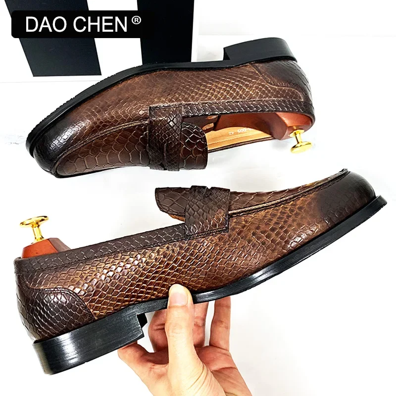 LUXURY MEN LEATHER SHOES BLACK COFFEE SLIP ON SNAKE PRINT DRESS MEN\'S CASUAL SHOES WEDDING OFFICE BANQUET Loafers Shoes For Men