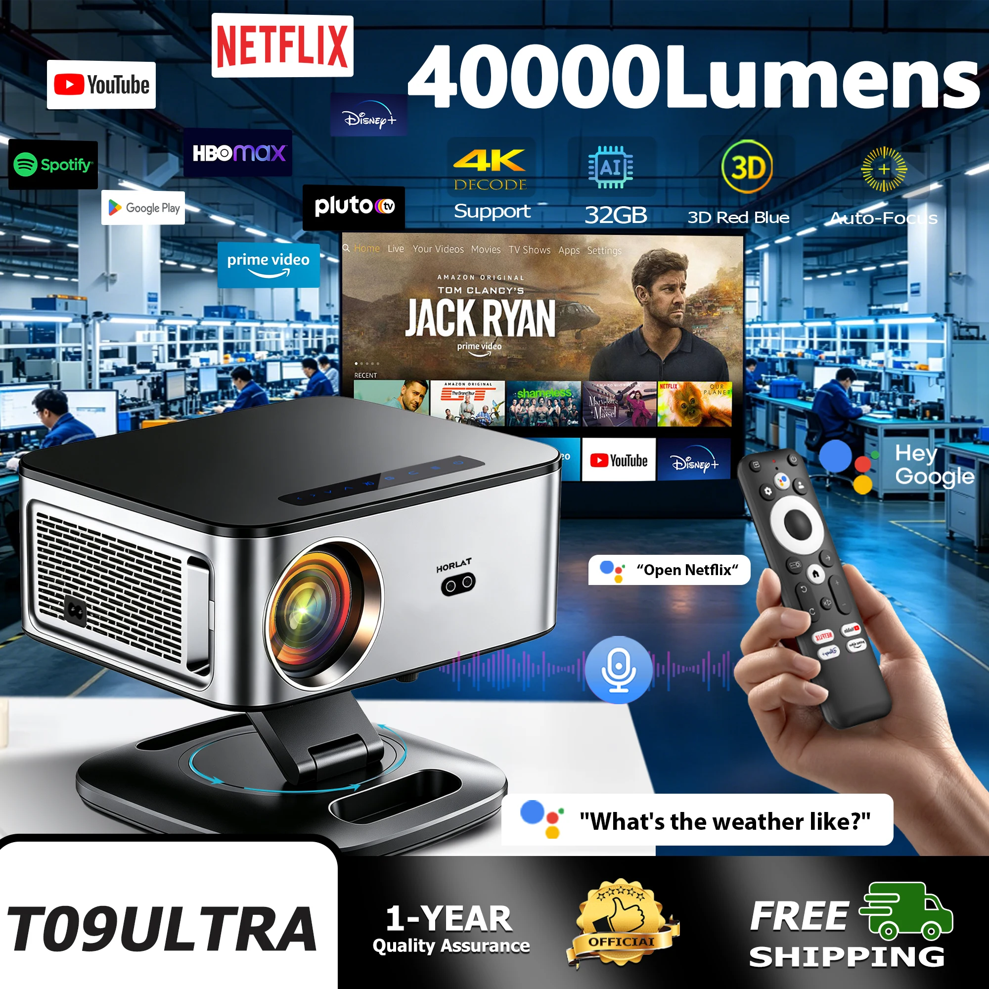 HORLAT 2026 Google TV Projector 2500ANSI Lumen Smart 4K UHD Projector Autofocus Daglicht Home Cinema Full HD 1080p Spraakbesturing