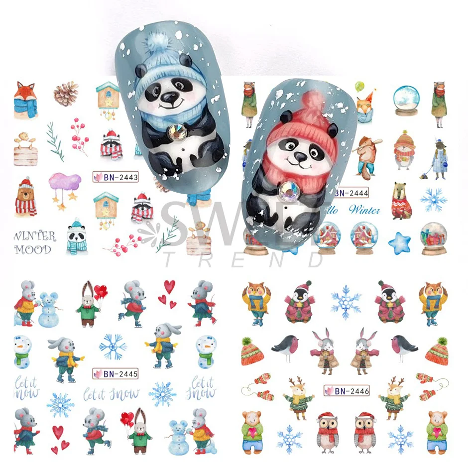 12pcs Christmas Water Nail Sticker Penguin Cute Animal Fox Rabbit Bear Nail Art Decor Slider Sock Scarf Winter Manicure Foils BN