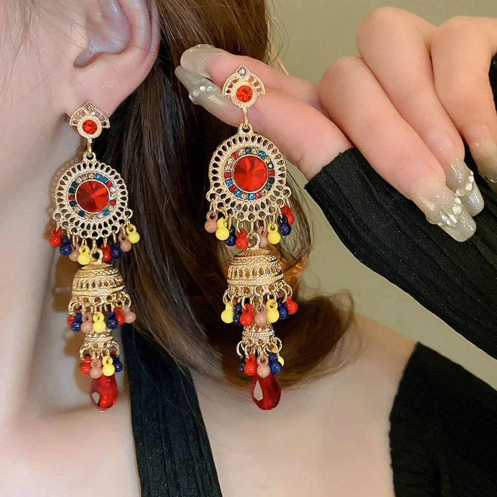 Brilliant Alloy Bell Tassel Earrings Thai Style Shiny Rhinestone Pearls Ear Drop Luxury Vintage Ethnic Style Ear Studs Women