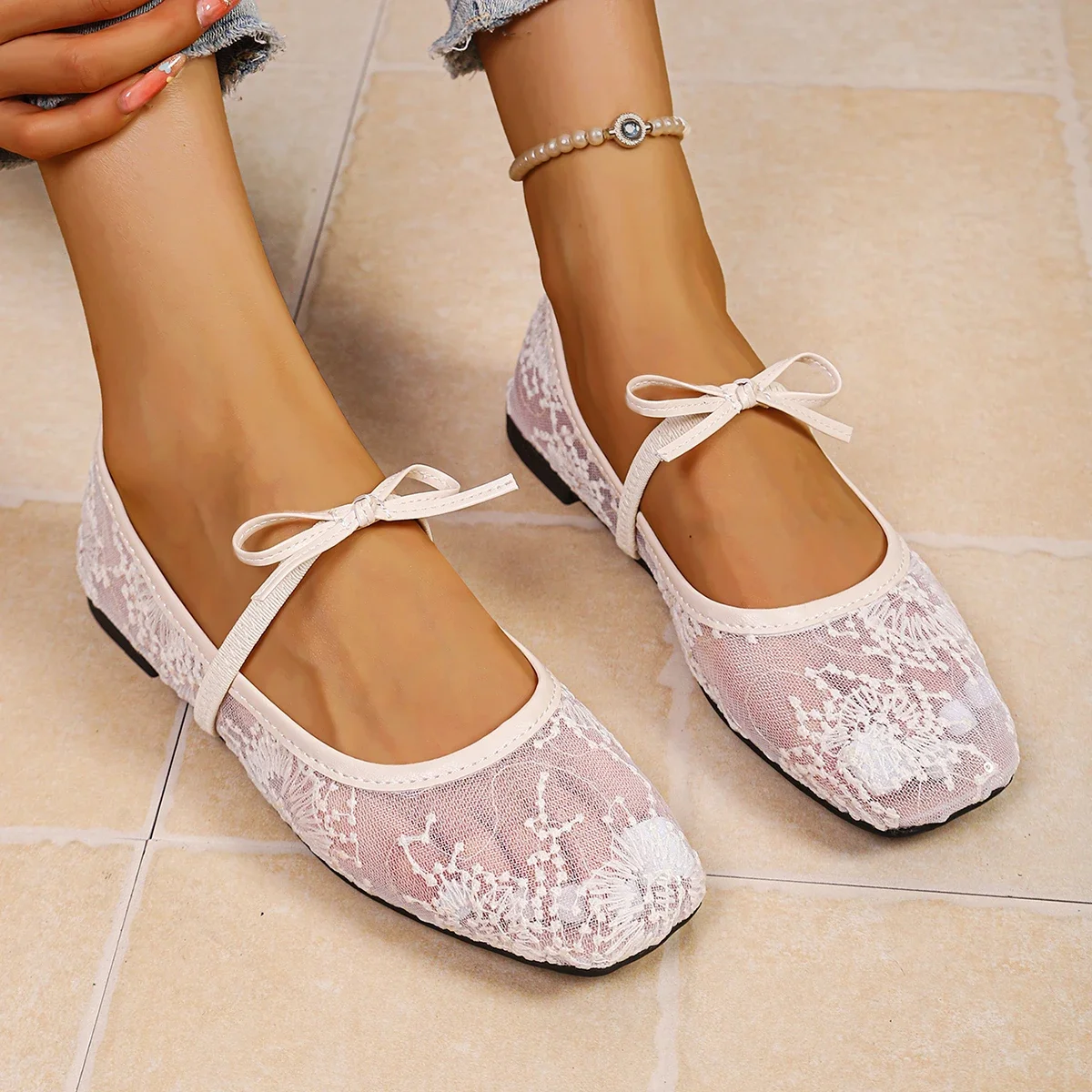 Spring/ Summer Elegant Square  Fashionable Best Selling New Comfortable Large Size Women's Shoes Toe Sexy Mesh Ballet Flat Shoes