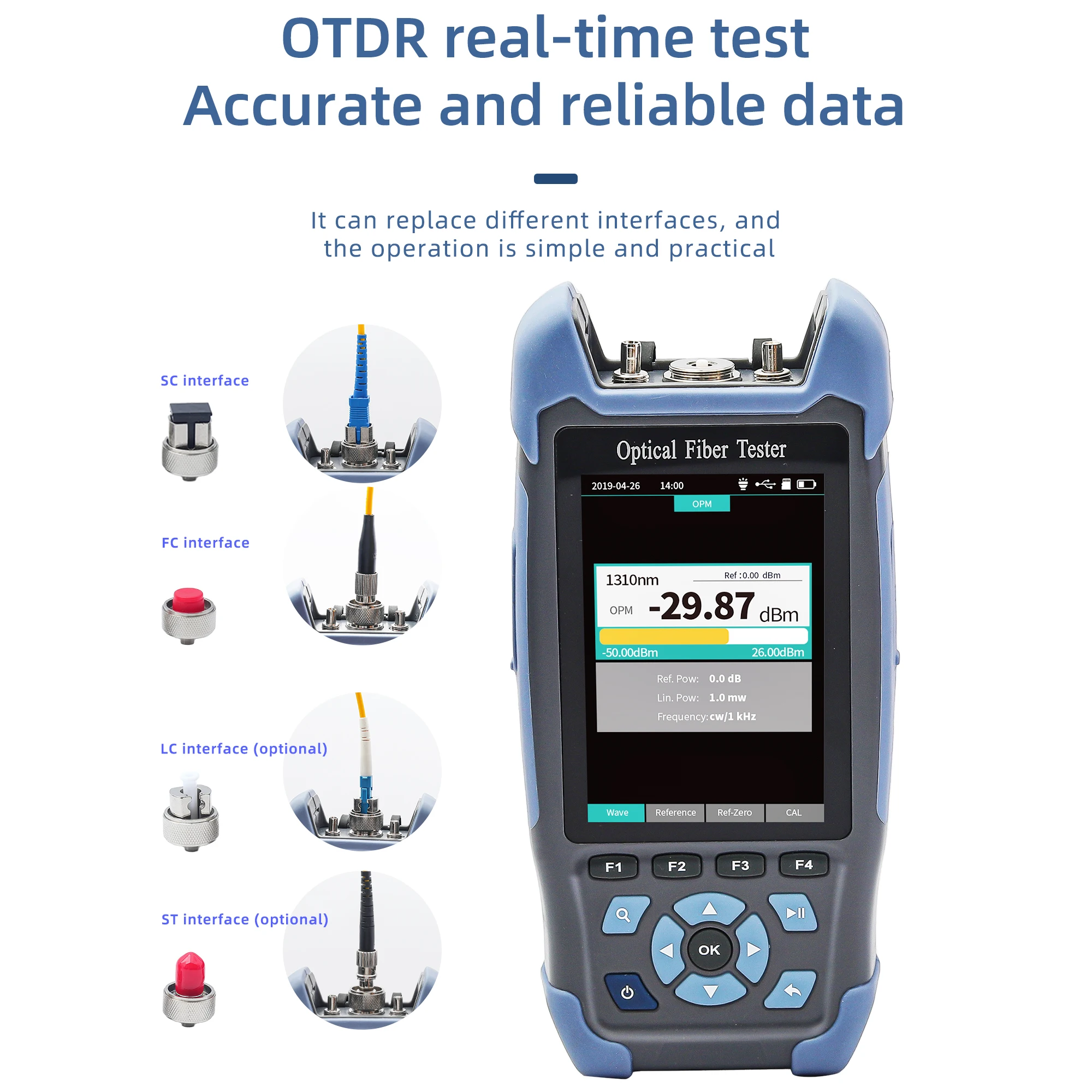 Imagem -02 - Otdr Fibra Óptica Reflectometer Adaptador Funções Vfl Ols Opm Mapa do Evento Rj45 Ethernet Cabo Tester Line Finder sc lc fc st